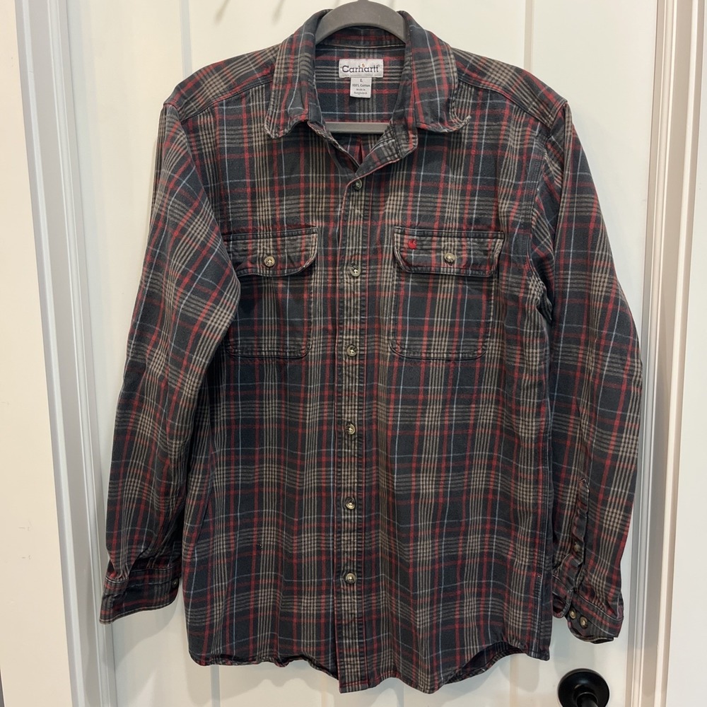 Carhartt Men's Long Sleeve Heavyweight Flannel Shirt Black Gray Red Plaid Sz Lg